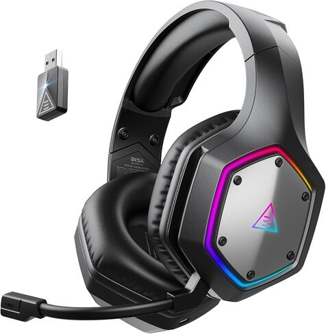 EKSA 2.4GHz Wireless Gaming Headset for PS5,PS4,PC,Switch,Mobile,Mac, Bluetooth Gaming Headphones with ENC Microphone, RGB, 20ms Latency, 120H Battery, 7.1 Surround Sound, 3.5mm Cable Black Silver in Kuwait
