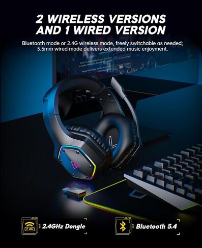 EKSA 2.4GHz Wireless Gaming Headset for PS5,PS4,PC,Switch,Mobile,Mac, Bluetooth Gaming Headphones with ENC Microphone, RGB, 20ms Latency, 120H Battery, 7.1 Surround Sound, 3.5mm Cable Black Silver in Kuwait