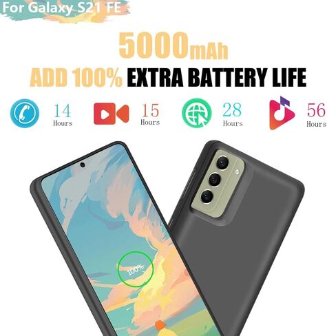 Battery Case for Samsung Galaxy S21 FE 5G, 5000mAh Rechargeable Extended Battery Charging Charger Case, Add 100% Extra Juice (6.4 Inches) Black in Kuwait
