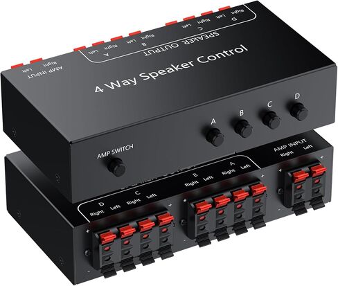PROZOR 4-Zone Speaker Selector Switch, Passive Speaker Switch Box for 1 Amplifier to 4 Speaker Pairs, Independent A/B/C/D Buttons, 150W RMS per Channel, Supports 4–16Ω Passive Speakers in Kuwait