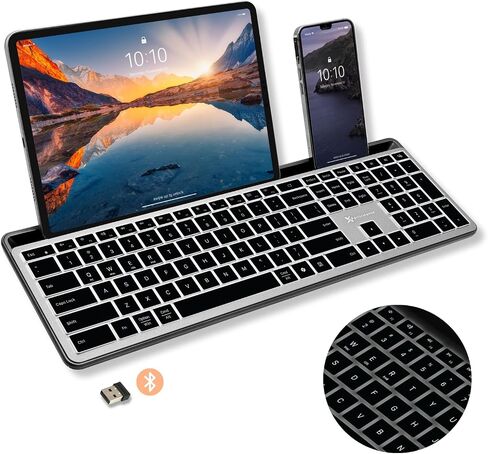 X9 Wireless Keyboard with Phone Holder - Full Size Bluetooth Keyboard with Number Pad, Backlit Wireless Keyboard, Multi-Device for iPad, Tablet, PC, Mac, iPhone, Android - Gray in Saudi Arabia