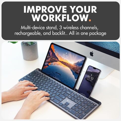 X9 Wireless Keyboard with Phone Holder - Full Size Bluetooth Keyboard with Number Pad, Backlit Wireless Keyboard, Multi-Device for iPad, Tablet, PC, Mac, iPhone, Android - Gray in Saudi Arabia