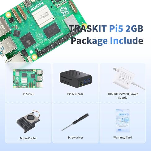 TRASKIT Basic kit for Raspberry Pi 5 2GB RAM,27W PD Power Supply,PI5 Case, Active Cooler and Pi 5 2GB Single Board Included in Saudi Arabia