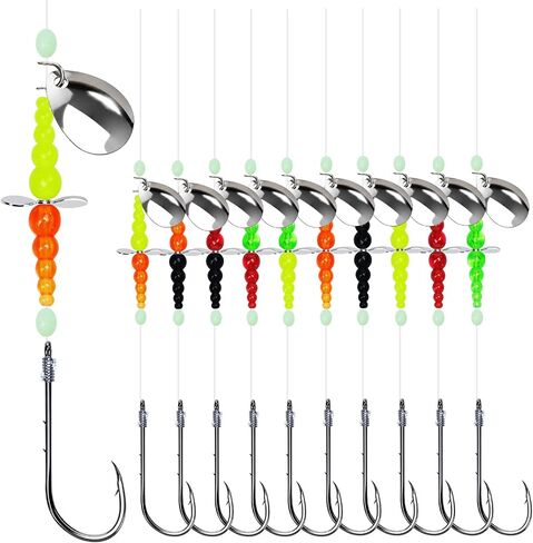Walleye Spinner Rig 10 Pcs, Hand-Tied Crawler Harness with Colorado Blades & Baitholder Hooks – 41" 30lb Mono Leader for Freshwater Walleye Fishing in Saudi Arabia