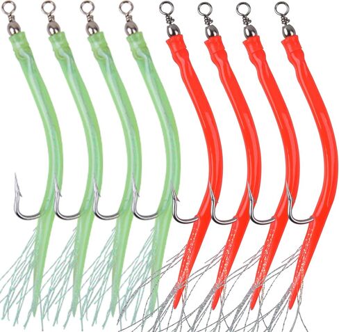 Classic Striped Bass Tube Lures,8pcs Rubber Cod Rig Teaser with tainless Steel ELL Fishing Hook Barrel Swivels Offshore Trolling Striper Bass Cod Big Game Fishing Green/Red in Kuwait