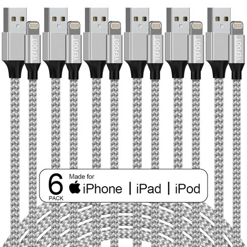 [Apple MFi Certified] 6Pack[3/3/6/6/6/10ft] iPhone Charger Lightning Cable Compatible iPhone 14ProMax/14Pro/14/14Plus/13Pro/13/12Pro/12/11 and More-Silver&White in Kuwait