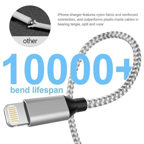 [Apple MFi Certified] 6Pack[3/3/6/6/6/10ft] iPhone Charger Lightning Cable Compatible iPhone 14ProMax/14Pro/14/14Plus/13Pro/13/12Pro/12/11 and More-Silver&White in Kuwait