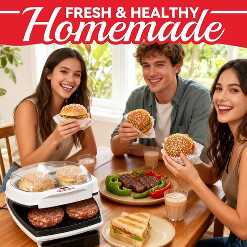SugarWhisk 2 In 1 Hamburger Grill Maker, Electric Indoor Grill and Panini Press with Non-stick Grill Plates, 1200W, Easy to Clean and Store, White in Saudi Arabia