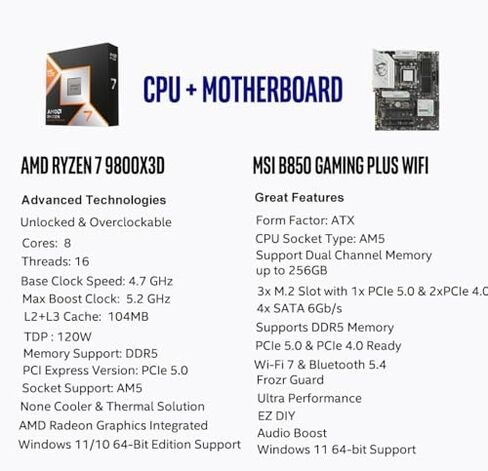 Micro Center 3-in-1 Combo: AMD Ryzen 7 9800X3D CPU Processor with MSI B850 Gaming Plus WiFi Motherboard and KLEVV CRAS V RGB DDR5 32GB (2x16GB) 6000MHz Ram Memory Black in Kuwait
