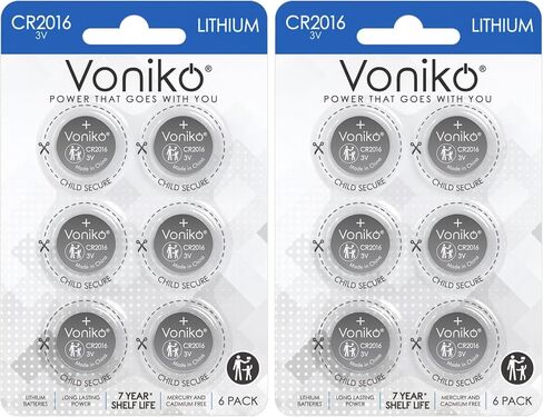 Voniko CR2016 3V Lithium Batteries 5 Pack for Child Safety, Compatible with Remotes, Key Fobs, Glucose Monitors - 7 Years Shelf Life in Kuwait