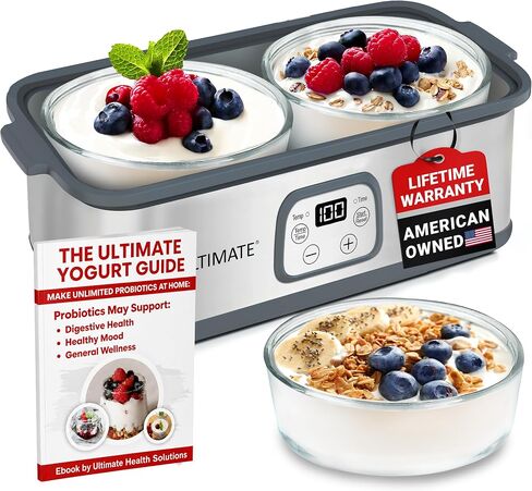 Ultimate Probiotic Yogurt Maker with TruTemp™ Adjustable Temperature & Time Control, Make Trillions of Probiotics for Gut Health, Two 1-Quart Containers for Larger Batches, UNLIMITED LIFETIME WARRANTY in Saudi Arabia