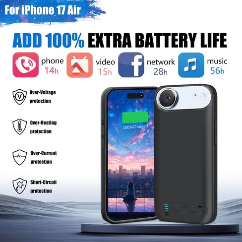 Battery Case for iPhone 17 Air, 6000mAh Rechargeable Extended Battery Charging/Charger Case, Add 100% Extra Juice (6.5 Inches) Black in Kuwait