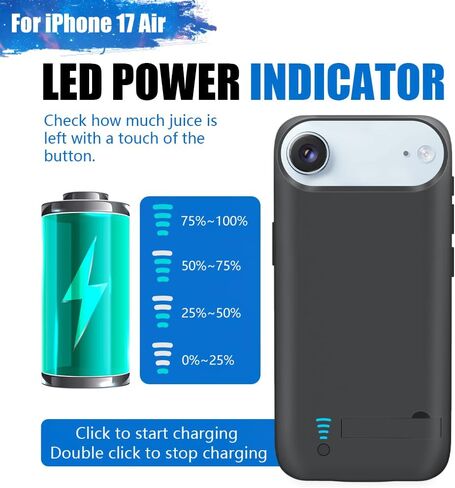 Battery Case for iPhone 17 Air, 6000mAh Rechargeable Extended Battery Charging/Charger Case, Add 100% Extra Juice (6.5 Inches) Black in Kuwait