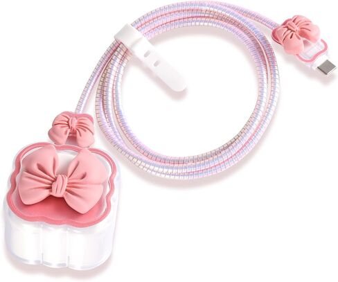 LONGFITE Charger Case Cover Compatible with iPhone 40W USB-C Adapter, Cute Pink Bowknot Charger Cable Protector Accessories Set for iPhone 17/16/15 Pro/Max,MacBook Air 13/13.6/15 in Saudi Arabia