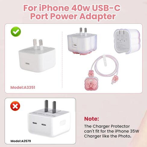 LONGFITE Charger Case Cover Compatible with iPhone 40W USB-C Adapter, Cute Pink Bowknot Charger Cable Protector Accessories Set for iPhone 17/16/15 Pro/Max,MacBook Air 13/13.6/15 in Saudi Arabia