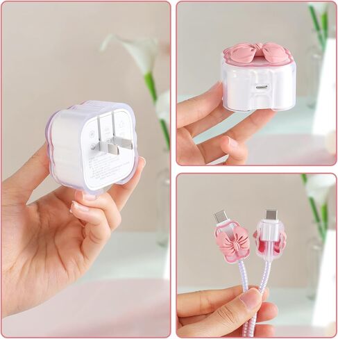 LONGFITE Charger Case Cover Compatible with iPhone 40W USB-C Adapter, Cute Pink Bowknot Charger Cable Protector Accessories Set for iPhone 17/16/15 Pro/Max,MacBook Air 13/13.6/15 in Saudi Arabia
