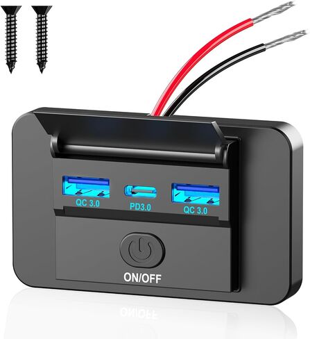 72W 12V USB Outlet Panel Wall Mount, 36W USB C and Dual QC 3.0 18W Car USB Port Charger Socket with Button Switch, Waterproof 3 USB Multi Port Power Outlet DIY 12V Accessories for Car Bus RV Truck in Saudi Arabia