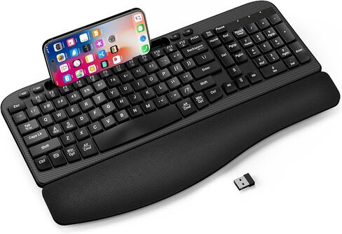 EAYBLLY 2.4G Wireless Ergonomic Keyboard, Full Size Wave Keys with Memory Foam Wrist Rest & 7.28in Phone Holder, USB-C Adapter Included for Windows Mac Chrome OS, Office or Home (Black) in Saudi Arabia