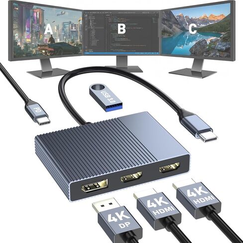 USB C to Dual HDMI and DisplayPort Adapter with PD 100W/USB3.0, 5 IN 1 USB C Docking Station 3 Monitors, 4K@60Hz HDMI Splitter Extended Display for Dell/HP Laptop, DP MST/SST Hub for Multiple Monitors in Saudi Arabia
