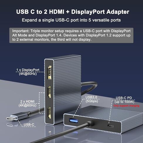 USB C to Dual HDMI and DisplayPort Adapter with PD 100W/USB3.0, 5 IN 1 USB C Docking Station 3 Monitors, 4K@60Hz HDMI Splitter Extended Display for Dell/HP Laptop, DP MST/SST Hub for Multiple Monitors in Saudi Arabia