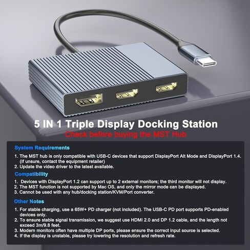 USB C to Dual HDMI and DisplayPort Adapter with PD 100W/USB3.0, 5 IN 1 USB C Docking Station 3 Monitors, 4K@60Hz HDMI Splitter Extended Display for Dell/HP Laptop, DP MST/SST Hub for Multiple Monitors in Saudi Arabia