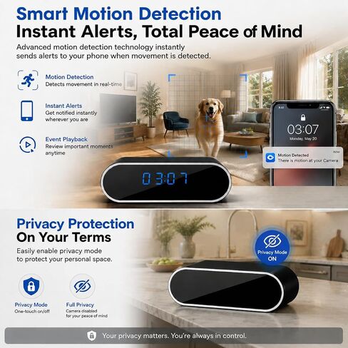 1080P HD WiFi Clock Hidden Camera, Wireless Indoor Security Spy Camera for Home Office,Surveillance Camera with Motion Detection & Night Vision, Remote Monitoring Nanny Cam for Baby Pet in Kuwait