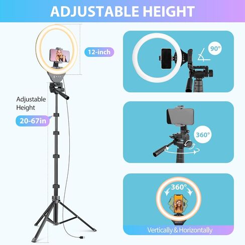 Sensyne 12-inch Ring Light with 67-inch Selfie Stick, Tripod and Phone Holder, Selfie Remote Control Circle Light for Live Stream/Video Recording/TikTok, Compatible with All Phones and Cameras in Saudi Arabia
