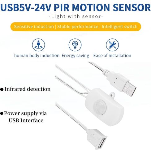 PIR Motion Sensor Switch, 5‑24V 2A Mini USB Occupancy Motion Sensor Outlet, Motion Activated USB Switch for DIY LED Lighting Strip Automatic Light (White) in Saudi Arabia
