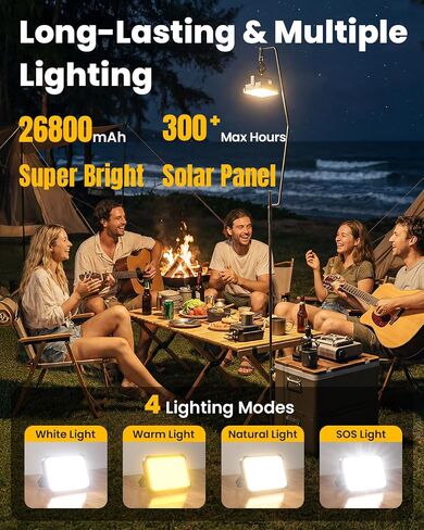 Solar Camping Lantern, 26800mAh Ultra Long Lasting Rechargeable LED Lantern with 4 Light Modes, IP65 Waterproof Portable Tent Light for Power Outage, Emergency, Hiking, Camping Essentials in Saudi Arabia