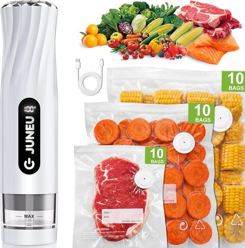 JUNEU Handheld Food Vacuum Sealer + 30 Reusable Bags - for Home Kitchen Use in Kuwait