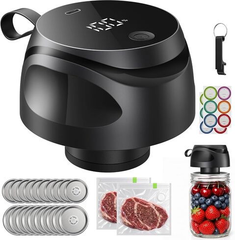 Electric Mason Jar Vacuum Sealer Kit, Portable Jar Vacuum Sealer with 10 Wide Mouth & 10 Regular Mouth Mason Lids, 2 Food Bags, One-Touch Auto Stop, Food Storage Vacuum Sealer for Home & Kitchen-Black in Kuwait