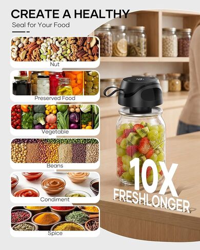 Electric Mason Jar Vacuum Sealer Kit, Portable Jar Vacuum Sealer with 10 Wide Mouth & 10 Regular Mouth Mason Lids, 2 Food Bags, One-Touch Auto Stop, Food Storage Vacuum Sealer for Home & Kitchen-Black in Kuwait