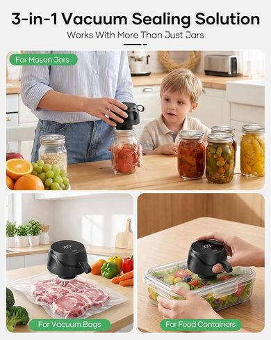 Electric Mason Jar Vacuum Sealer Kit, Portable Jar Vacuum Sealer with 10 Wide Mouth & 10 Regular Mouth Mason Lids, 2 Food Bags, One-Touch Auto Stop, Food Storage Vacuum Sealer for Home & Kitchen-Black in Kuwait