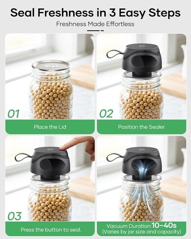 Electric Mason Jar Vacuum Sealer Kit, Portable Jar Vacuum Sealer with 10 Wide Mouth & 10 Regular Mouth Mason Lids, 2 Food Bags, One-Touch Auto Stop, Food Storage Vacuum Sealer for Home & Kitchen-Black in Kuwait