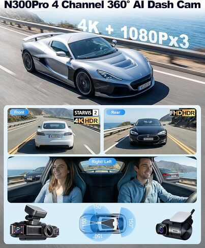 Neideso N300Pro 4K Dash Cam Front and Rear, 4 Channel 360 View Car Camera in Saudi Arabia