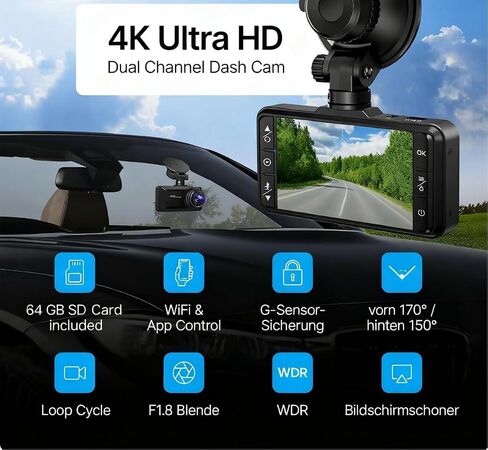 Osmo Dashcam Pro 2.0 4k with Front and Rear Camera, GPS, Free 64GB Card, Dashcam with Parking Monitoring, Parking Mode & Night Vsion, 170° Wide Angle in Kuwait