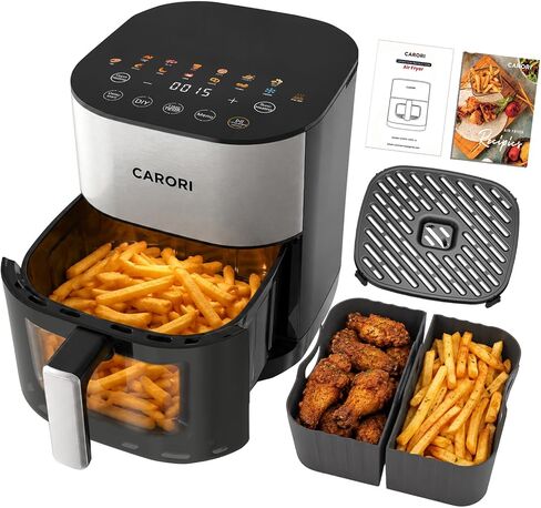 CARORI Air Fryer 6 Qt Dual Heating with Viewing Window, 14 Presets Plus DIY Mode, Includes 2 Reusable Silicone Liners, Dishwasher-Safe Basket and Crisper Tray, Easy Clean Family Size in Saudi Arabia