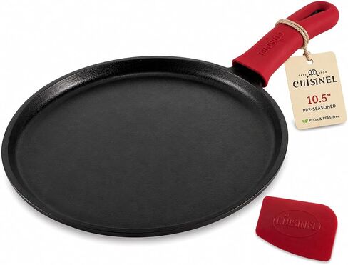 Cast Iron Round Griddle - 10.5"-Inch Crepe Maker Pan + Silicone Handle Cover - Pre-Seasoned Comal for Tortillas Flat Skillet - Dosa Tawa Roti Grill - Oven, Stovetop, BBQ, Fire, Smoker, Induction Safe in Saudi Arabia