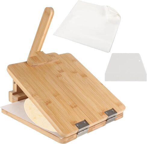 Natural Wood Tortilla Press (10-inch) with Dough Scraper & Parchment Papers - Engraved Size Scales (4.5/6.5/8/10 in) for Effortless, Healthy Homemade Tortillas in Kuwait