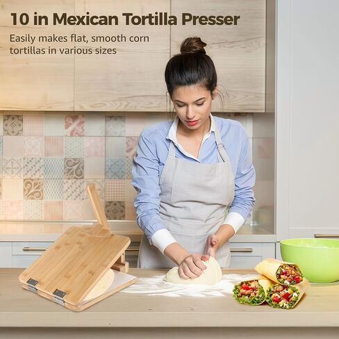 Natural Wood Tortilla Press (10-inch) with Dough Scraper & Parchment Papers - Engraved Size Scales (4.5/6.5/8/10 in) for Effortless, Healthy Homemade Tortillas in Kuwait