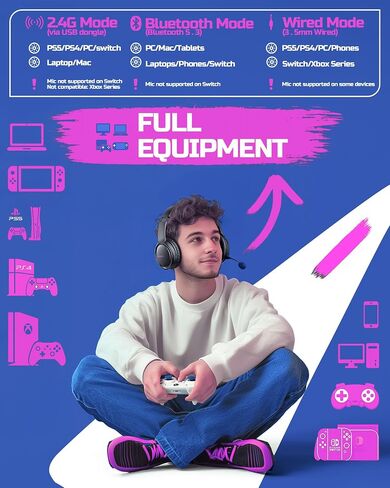 BINNUNE Wireless Gaming Headset — 2.4GHz Low-Latency USB Dongle + Bluetooth, 50mm Drivers 7.1 Surround, Noise-Cancelling Mic, 40H Battery — Over Ear Wireless Headphones for PS5, PC, Laptop, Purple in Saudi Arabia