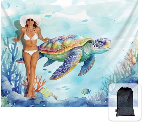 Sunlit Silky Soft 81"x106" Sand Proof Beach Blanket Sand Proof Mat with Corner Pockets and Fashion Mesh Bag for Beach Party, Travel, Camping and Outdoor Music Festival, Vibrant Turtle and Coral in Saudi Arabia