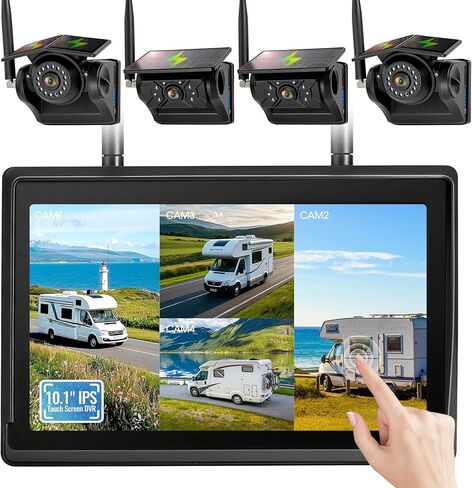 4 Magnetic Solar Wireless Backup Camera System, 10.1" IPS DVR Touchscreen, 2 Rearview + 2 Sideview Night Vision Cameras for Hitching Trailer Camper, 4x9600mAh Rechargeable Solar Battery, AT4 in Saudi Arabia