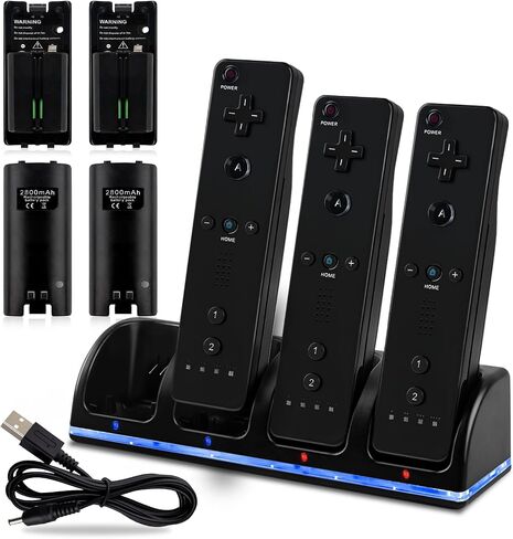 محطة شحن 4 في 1 لجهاز التحكم عن بعد Wii&Wii U، مع 4 بطاريات قابلة لإعادة الشحن (4 منافذ شحن + 4 قطع بطاريات بديلة 2800 مللي أمبير في الساعة + كابل USB + قابس) لا تتضمن جهاز تحكم عن بعد - أسود in Kuwait