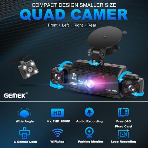 4 Channel Dash Cam 360° View 5G WiFi & APP Control, GEMEK 2K Front and Rear Inside, Left Right Dash Camera for Cars Free 64GB TF Card, G-Sensor, Night Vision, 24H Parking Mode in Saudi Arabia