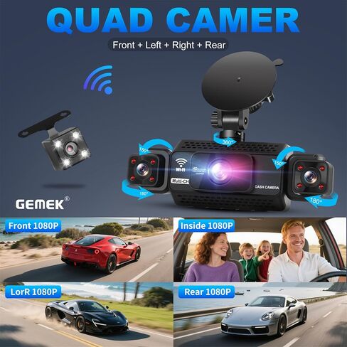 4 Channel Dash Cam 360° View 5G WiFi & APP Control, GEMEK 2K Front and Rear Inside, Left Right Dash Camera for Cars Free 64GB TF Card, G-Sensor, Night Vision, 24H Parking Mode in Saudi Arabia