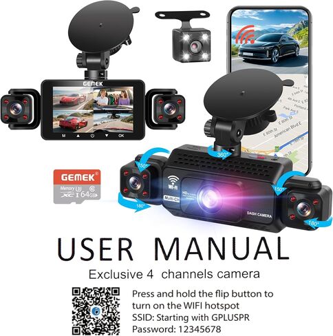 4 Channel Dash Cam 360° View 5G WiFi & APP Control, GEMEK 2K Front and Rear Inside, Left Right Dash Camera for Cars Free 64GB TF Card, G-Sensor, Night Vision, 24H Parking Mode in Saudi Arabia
