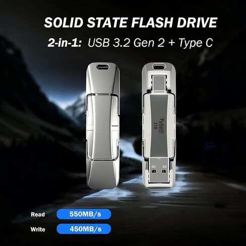 محرك أقراص USB ذو حالة صلبة 1T، محرك أقراص USB 3.2 Gen 2 عالي السرعة بسرعة تصل إلى 550 ميجابايت/ثانية، محركات أقراص USB C وUSB A مزدوجة، وحدة تخزين SSD خارجية لأجهزة iPhone 17/16/15 وAndroid وMacBook والكمبيوتر المحمول والكمبيوتر الشخصي وiPad والمزيد in Kuwait
