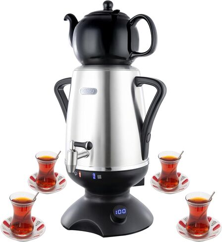 ETHNIQ - Electric Samovar | 3.2L Stainless Steel Tea Maker | Adjustable Temperature Controller | Boil Dry & Auto Shot-off | 1.2L Porcelain Teapot | Turkish, Persian, Russian Tea Kettle (Black) in Saudi Arabia
