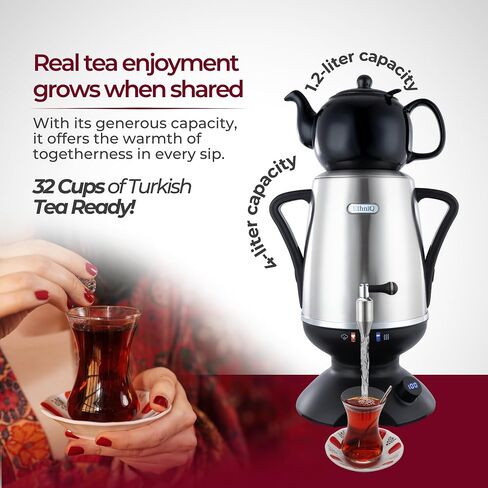 ETHNIQ - Electric Samovar | 3.2L Stainless Steel Tea Maker | Adjustable Temperature Controller | Boil Dry & Auto Shot-off | 1.2L Porcelain Teapot | Turkish, Persian, Russian Tea Kettle (Black) in Saudi Arabia